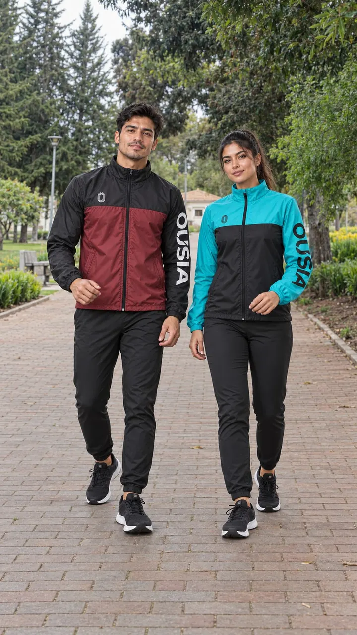 Pareja con chompas LIGHTRUN bicolor en el Parque de las Flores, Ambato