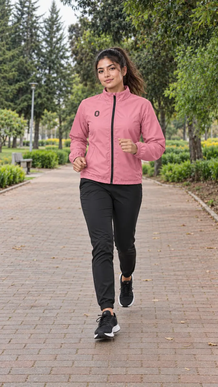 Modelo trotando con la chompa LIGHTRUN rosada